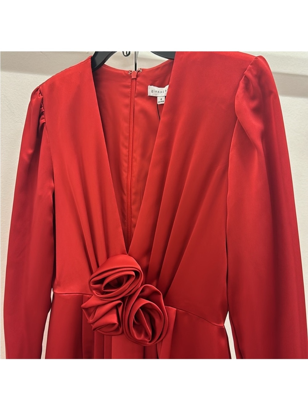 NWT Gianni Bini Bastian Satin V-Neck Rosette Long Sleeve A-Line Dress - Picture 8 of 11